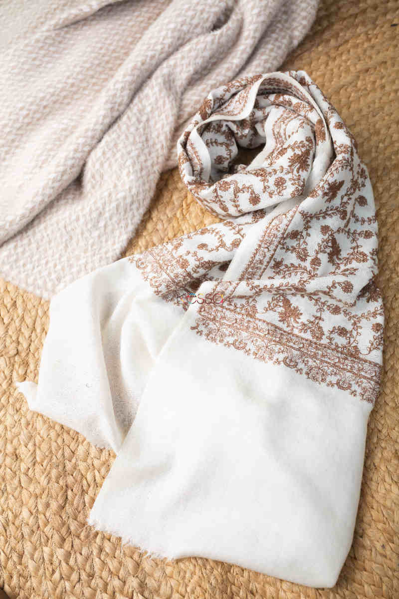 Image for Kusvaa Kusl49 White Color Embroidery Work Woolen Shawl Look