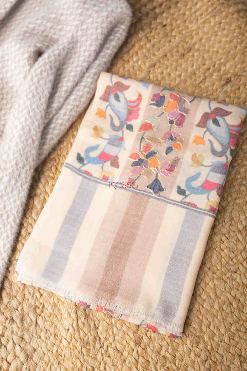 Image for Kusvaa Kusl65 Jammawar Work With Zari Embroidery Beige Pashmina Shawl Featured