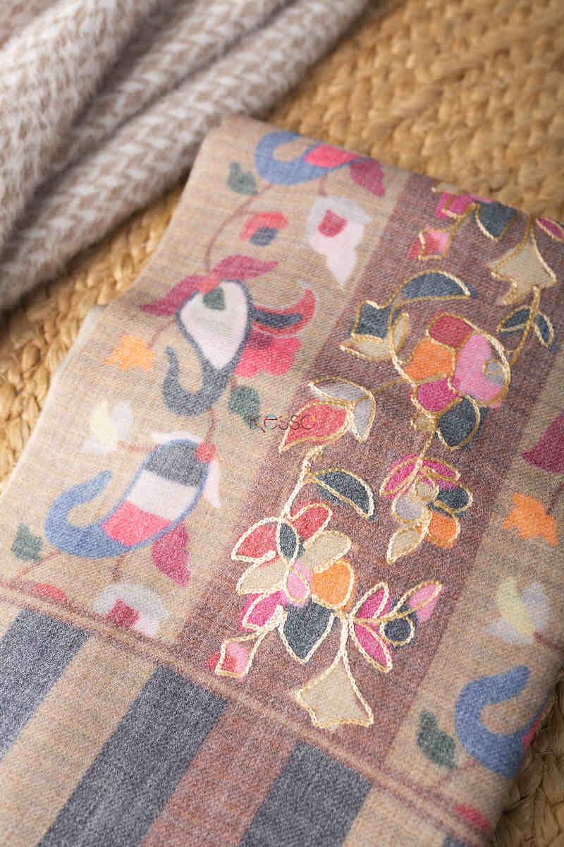 Image for Kusvaa Kusl66 Jammawar Work With Zari Embroidery Grey Pashmina Shawl Closeup
