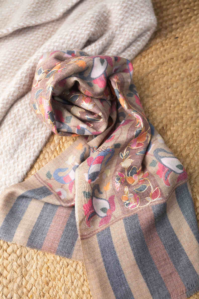 Image for Kusvaa Kusl66 Jammawar Work With Zari Embroidery Grey Pashmina Shawl Look
