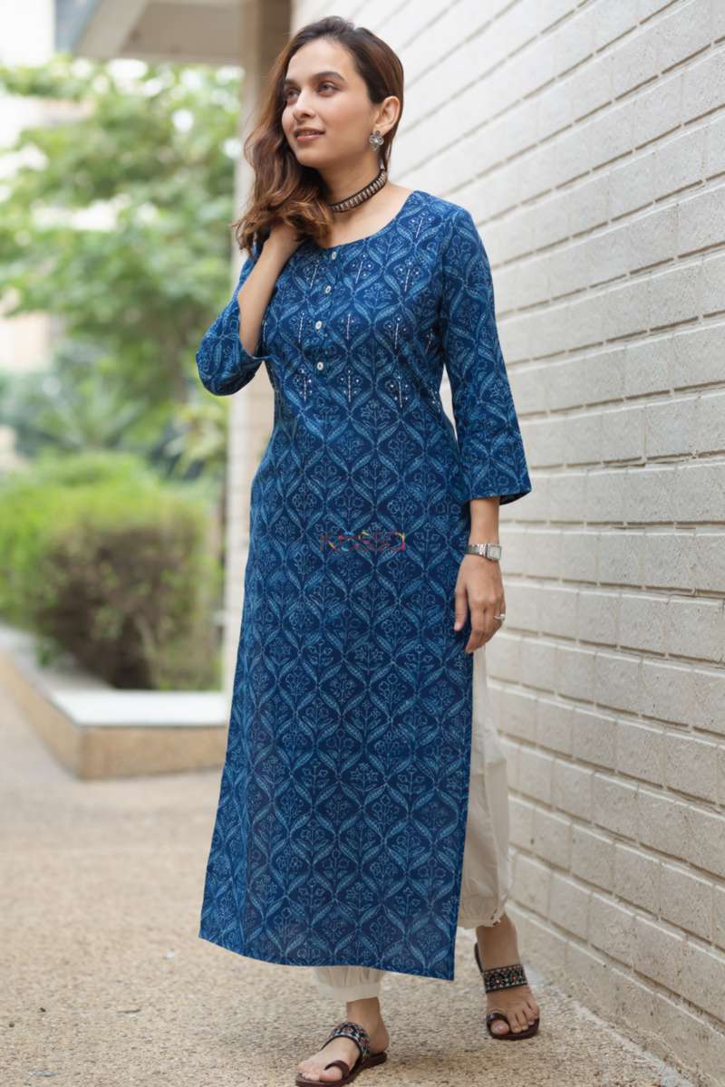 Image for Kusvaa Wsr242 Manju Indigo Staight Fit Kurta Side