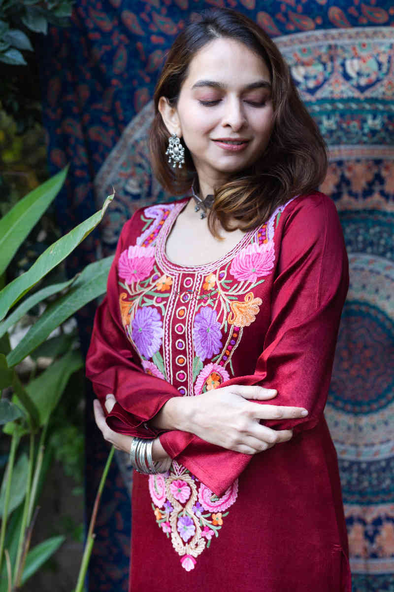 Image for Kusvaa Kcb41 Erina Maroon Mashru Kurta Pant Set Top