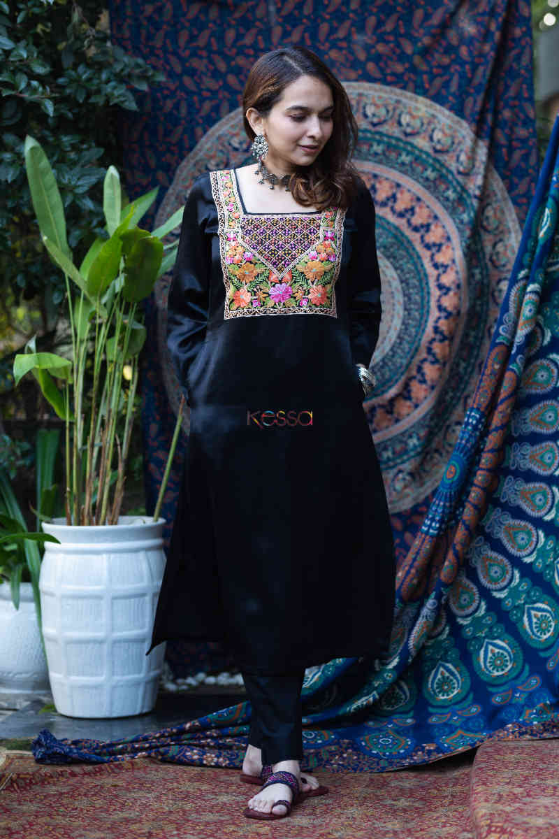 Image for Kusvaa Kcb42 Ella Black Mashru Kurta Pant Set Front