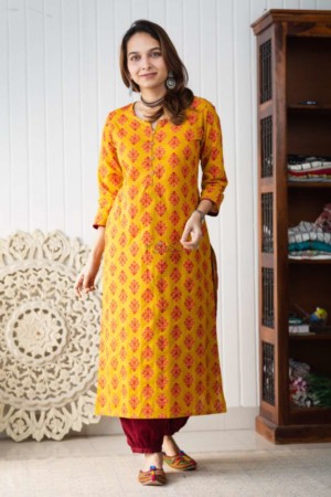 Image for Kusvaa Vcr95 Yellow Streight Fil Cotton Kurta Featured
