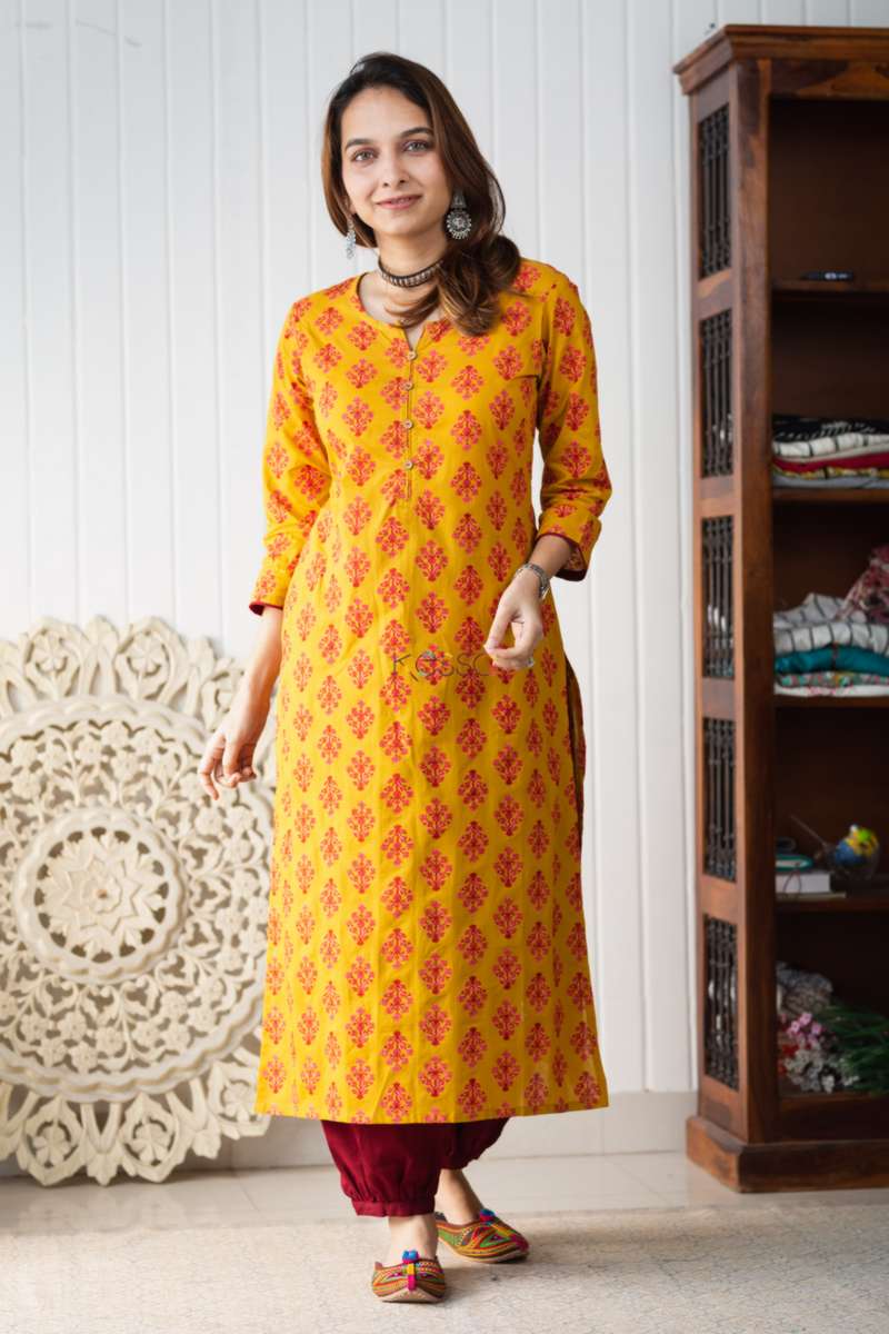 Image for Kusvaa Vcr95 Yellow Streight Fil Cotton Kurta Featured