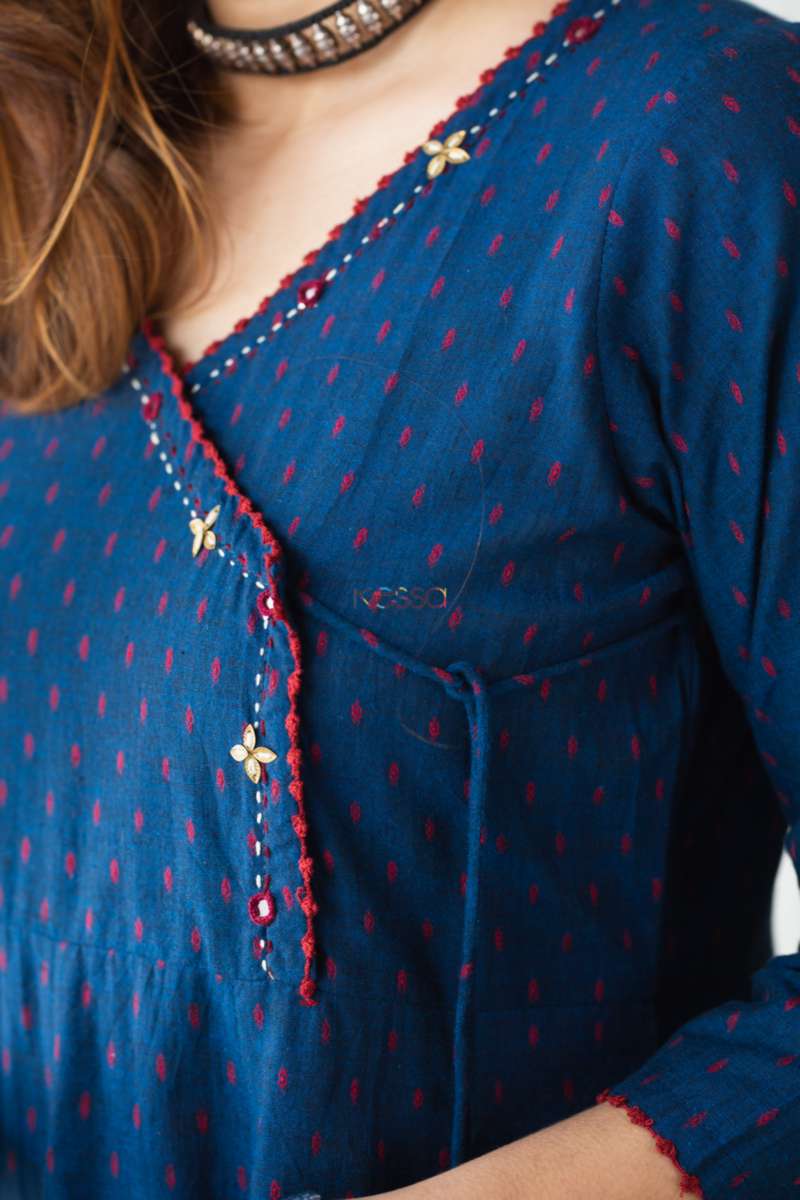 Image for Kusvaa Ws795 Blue Angrakha Kurta With Tassel Closeup 2