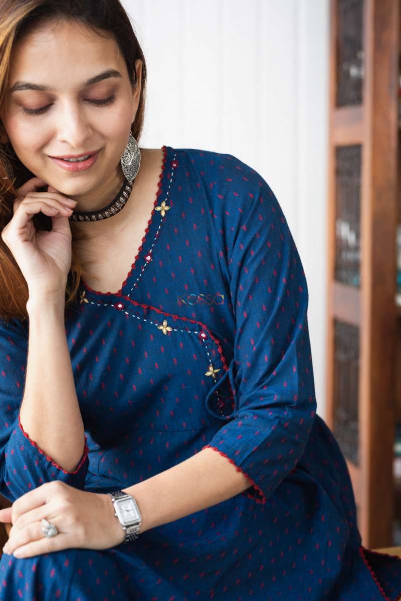 Image for Kusvaa Ws795 Blue Angrakha Kurta With Tassel Closeup Sitting