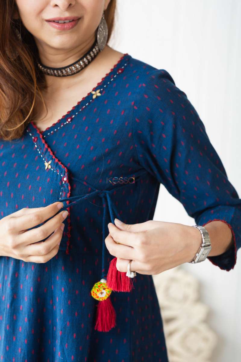 Image for Kusvaa Ws795 Blue Angrakha Kurta With Tassel Closeup