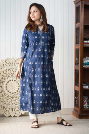 Image for Kusvaa Wsr179 Padmini Indigo Cotton Kurta With Handblock Print New Featured