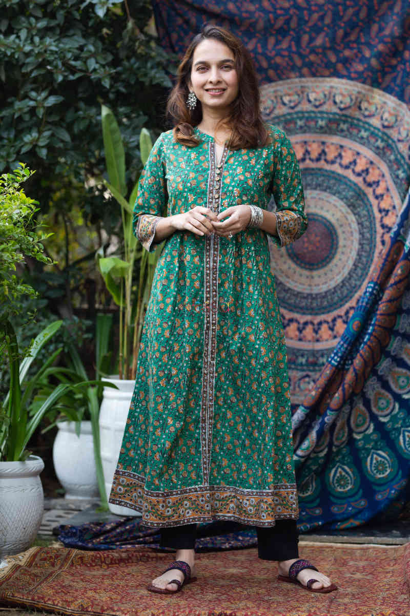 Image for Kusvaa Wsr255 Anavi Handblock A Line Kurta Front