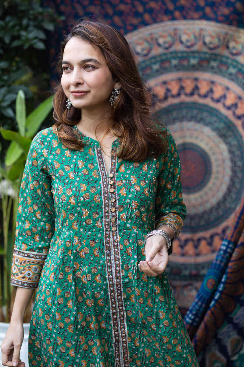 Image for Kusvaa Wsr255 Anavi Handblock A Line Kurta Top 1