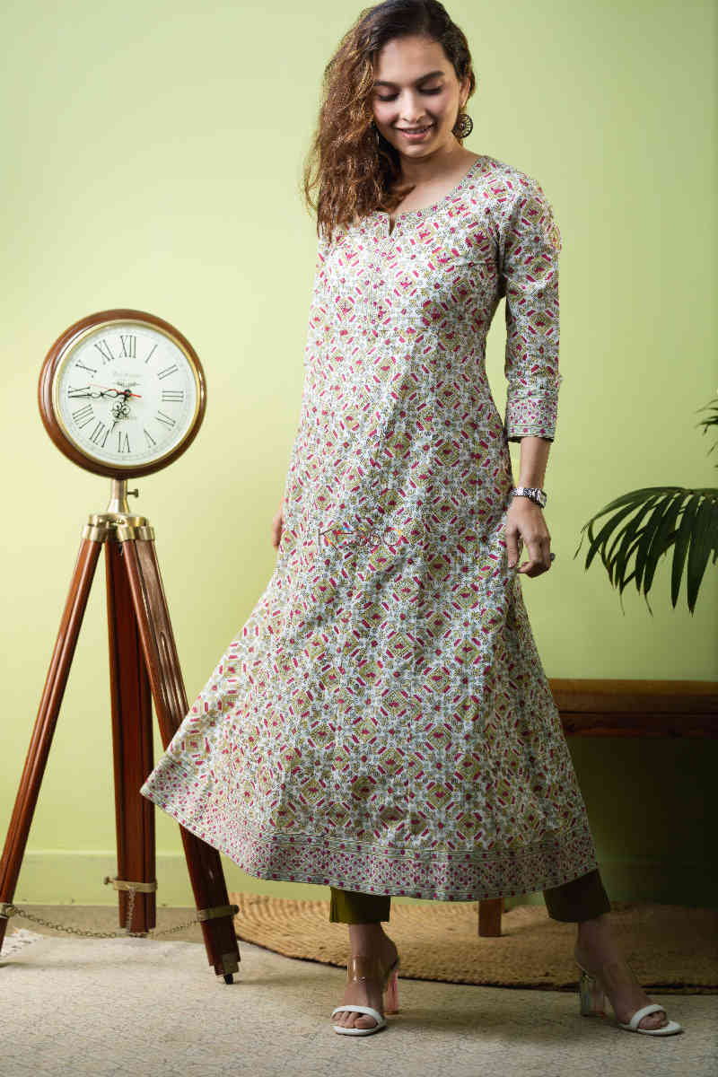 Image for Kusvaa Wsr261 Ameya Kalidaar Block Print Kurta Look 1