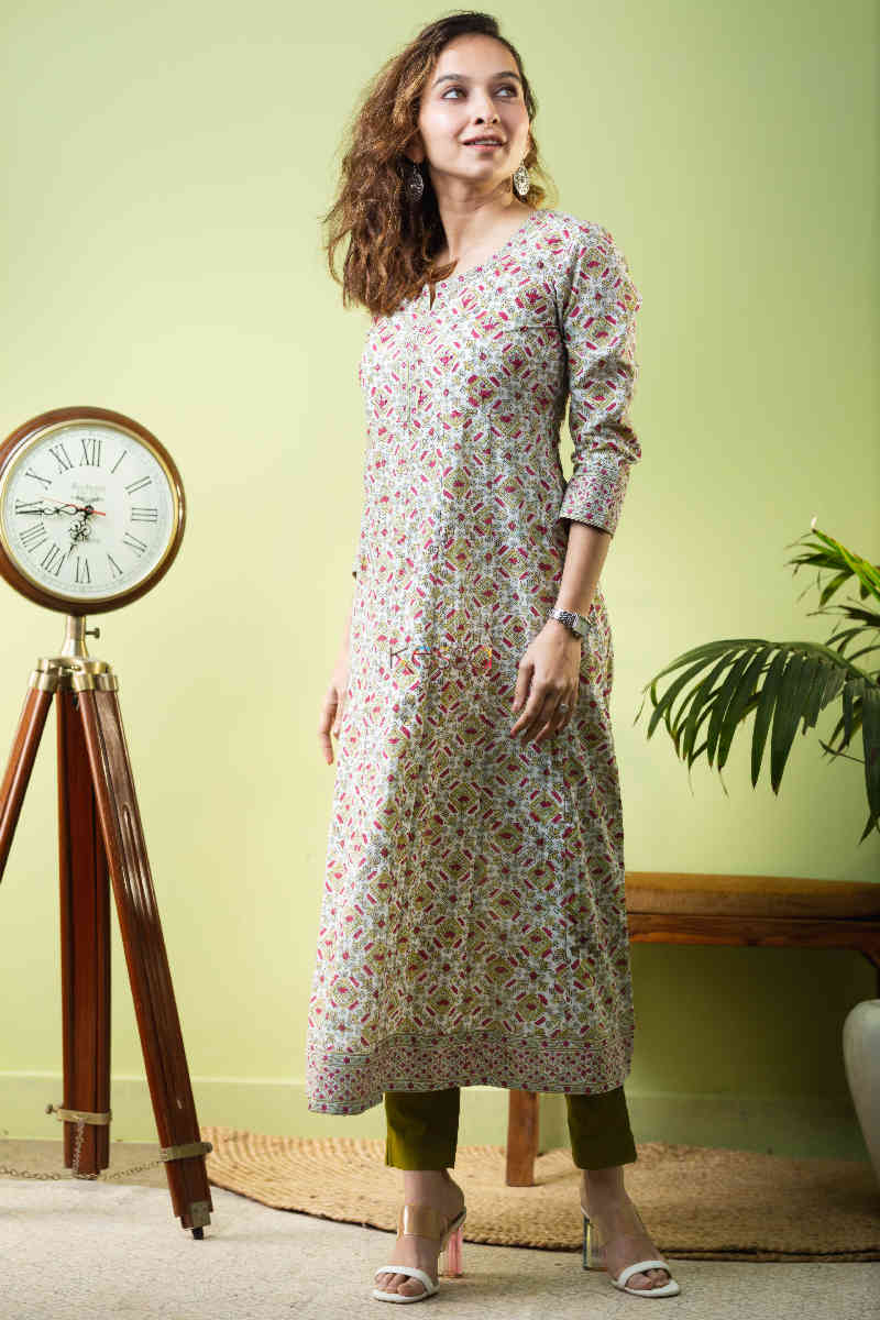 Image for Kusvaa Wsr261 Ameya Kalidaar Block Print Kurta Look