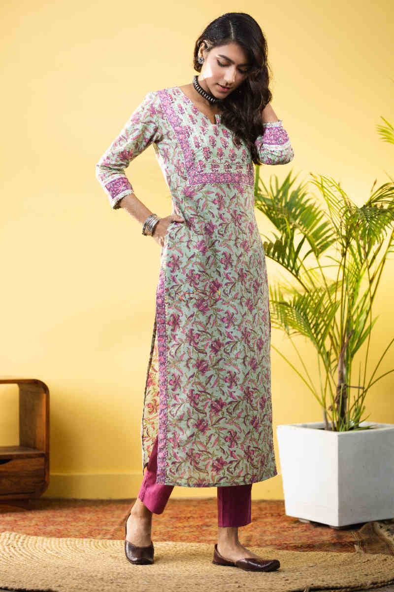 Image for Kusvaa Wsr267 Ekaja Block Print Straight Kurta Look