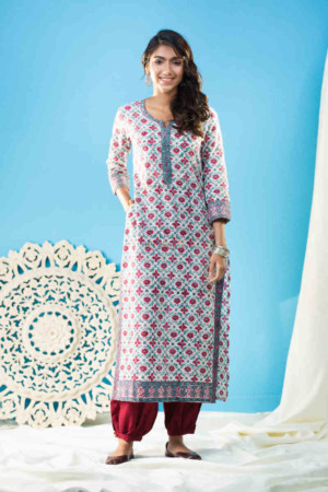 Image for Kusvaa Wsr269 Trariti Handblock Print Straight Kurta Featured