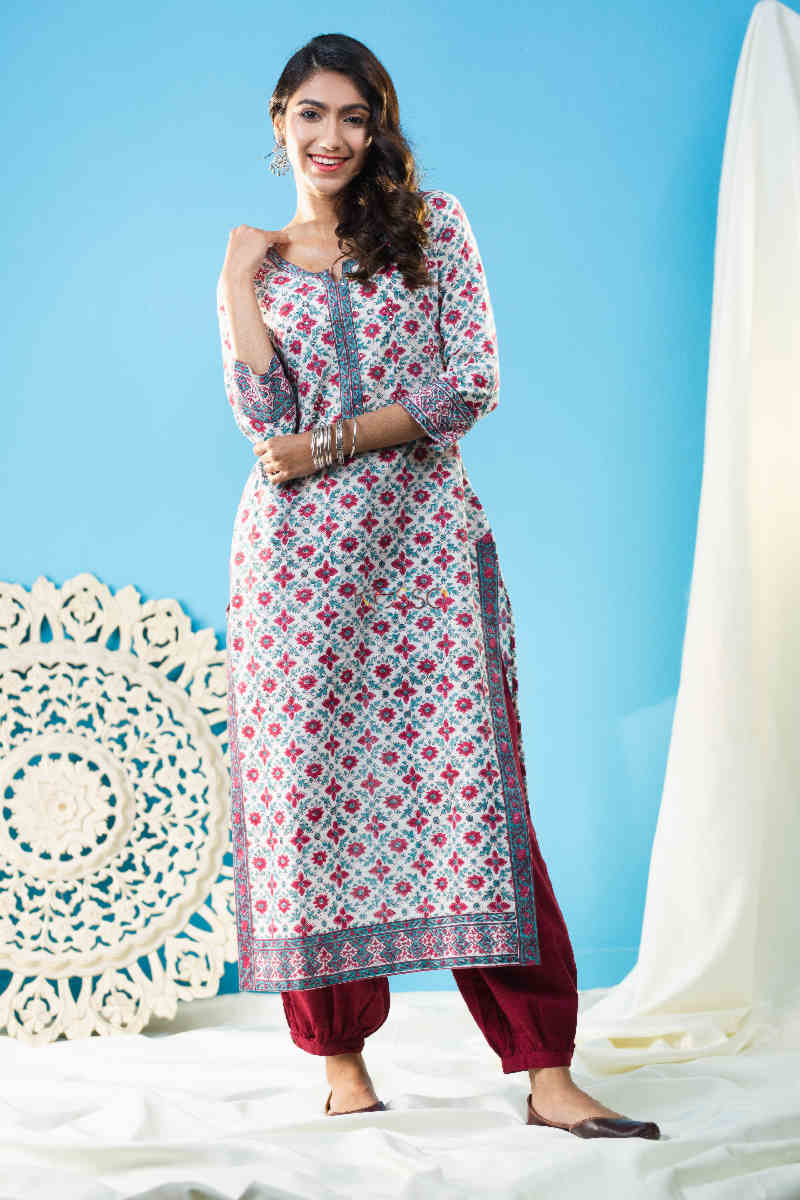 Image for Kusvaa Wsr269 Trariti Handblock Print Straight Kurta Front