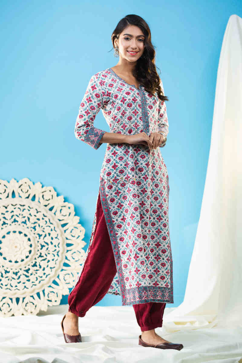 Image for Kusvaa Wsr269 Trariti Handblock Print Straight Kurta Side
