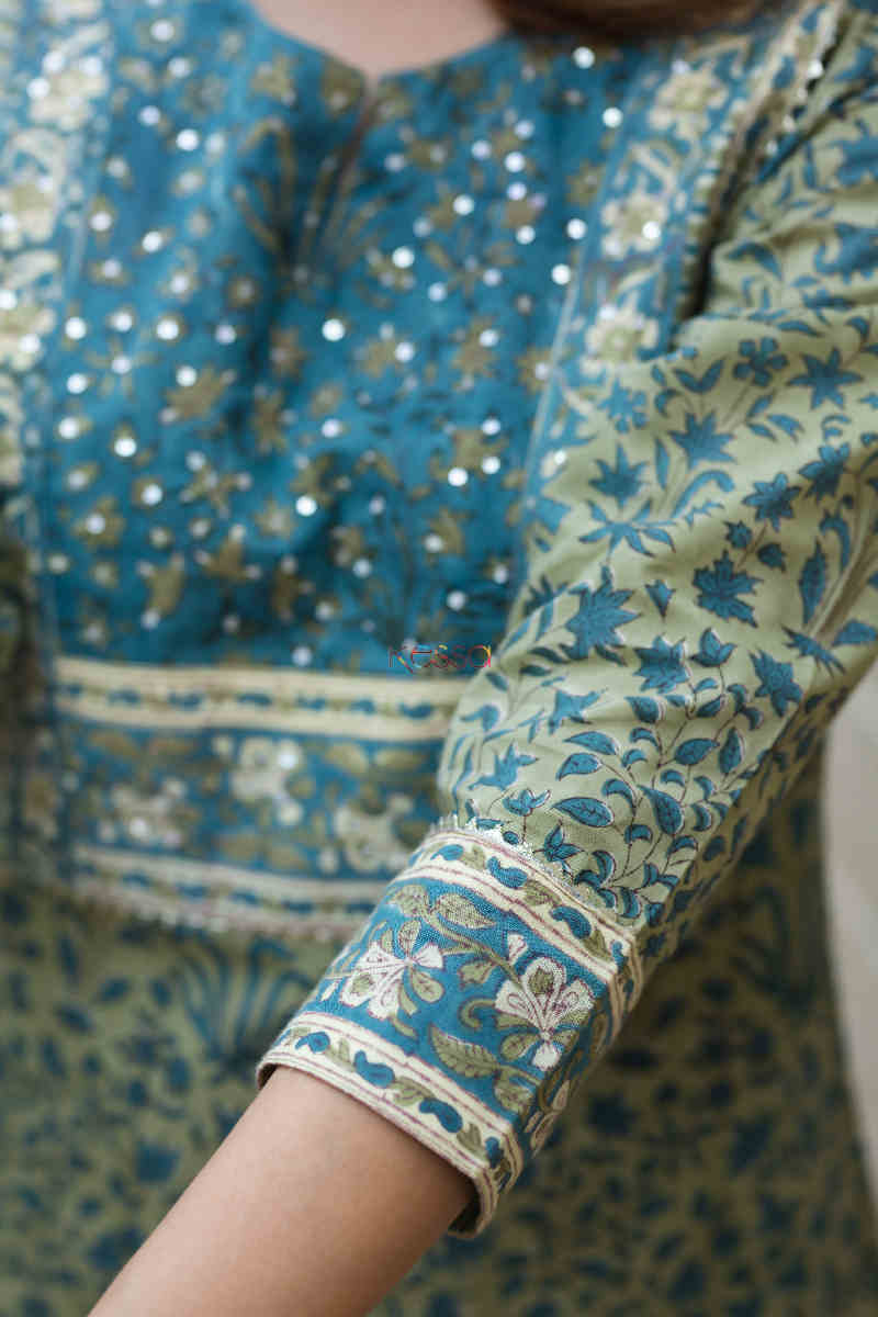 Image for Kusvaa Wsr270 Mrudani Block Print Kurta Pant Set Sleeves