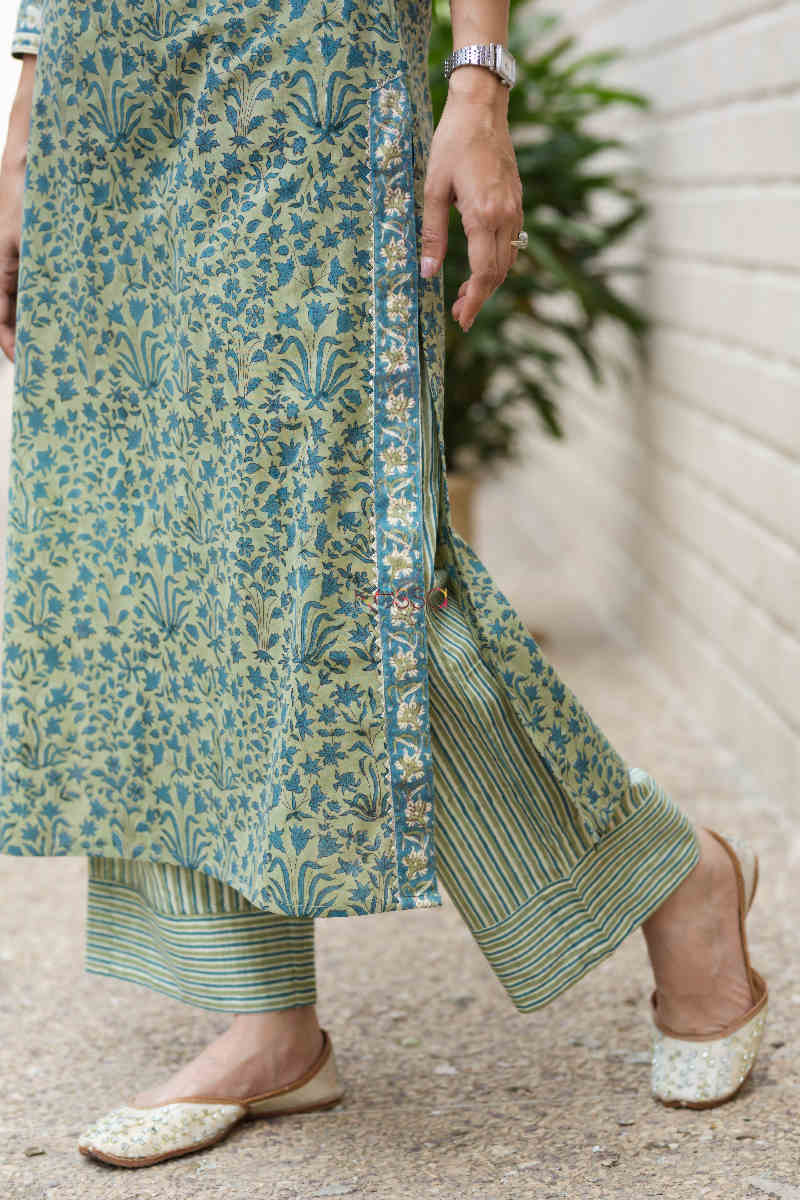 Image for Kusvaa Wsr270 Mrudani Block Print Kurta Pant Set Slit