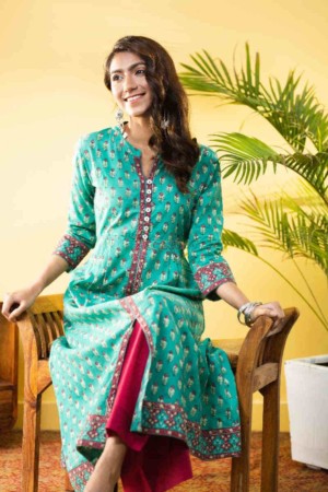 Image for Kusvaa Wsr271 Kaamakya Block Print A Line Kurta Sitting