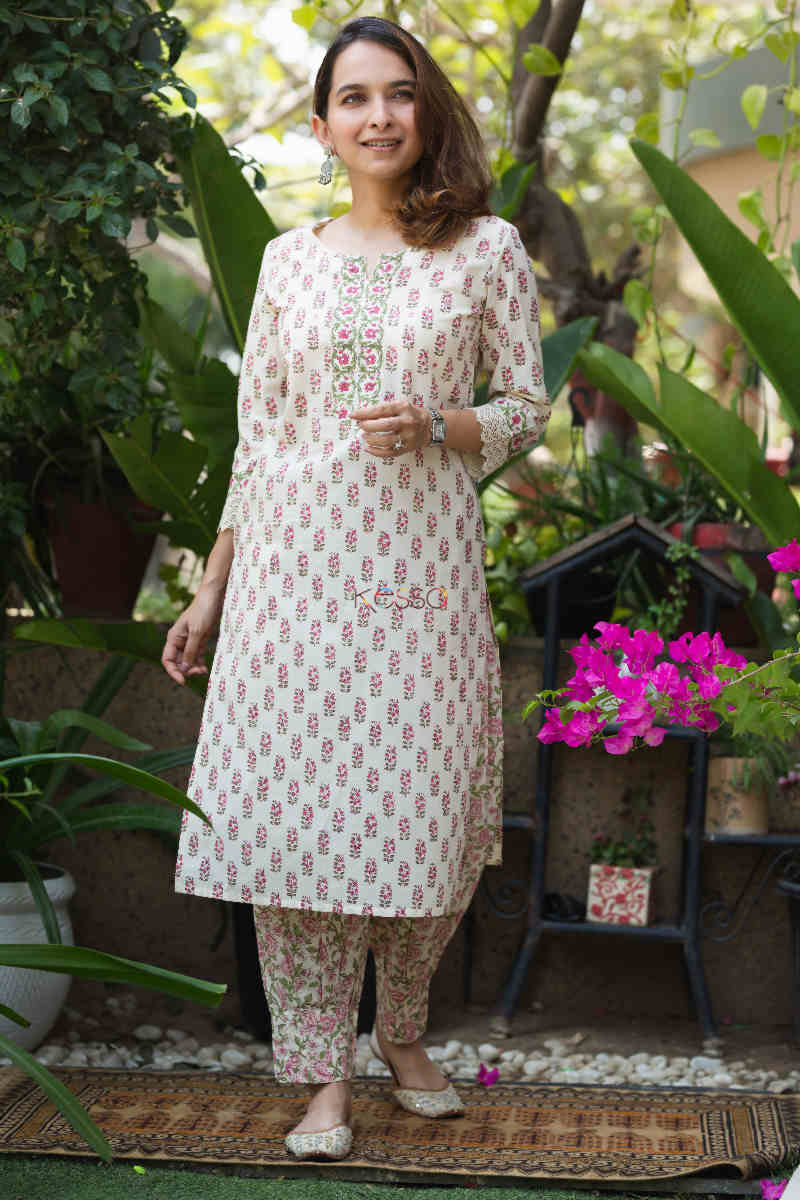 Image for Kusvaa Wsr274 Aarna Block Printed Kurta Pant Set Front 1