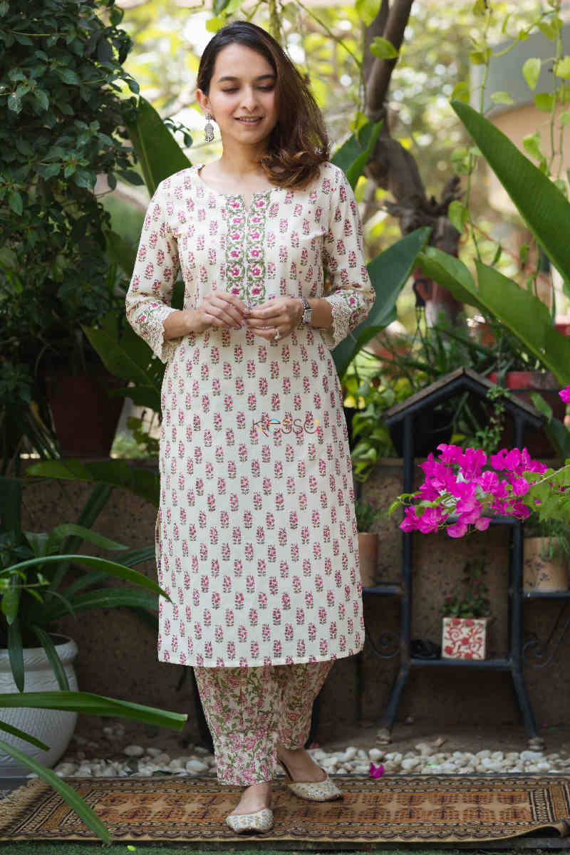 Image for Kusvaa Wsr274 Aarna Block Printed Kurta Pant Set Look 1