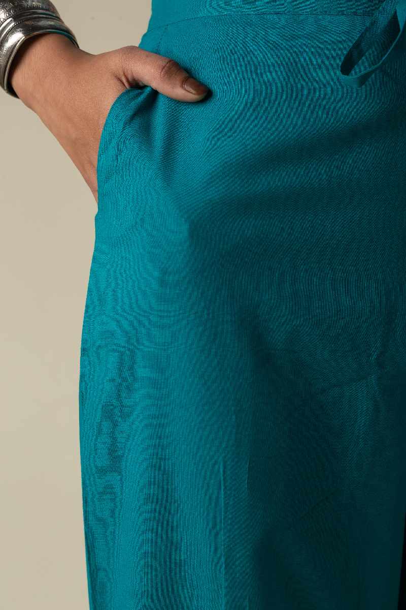 Image for Kusvaa Sap14 Pleated Cotton Salwar Turquois Front Reshoot