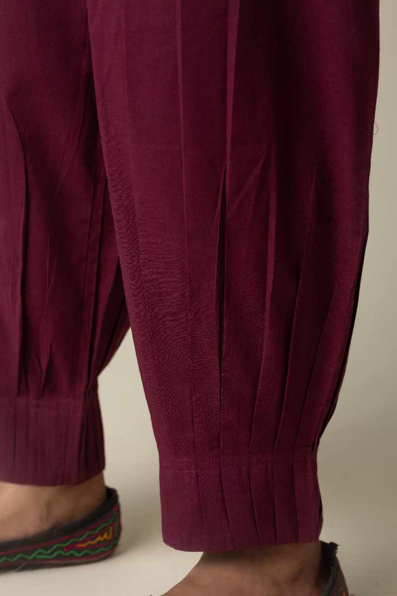 Image for Kusvaa Sap14 Pleated Cotton Salwar Wine Closeup Reshoot