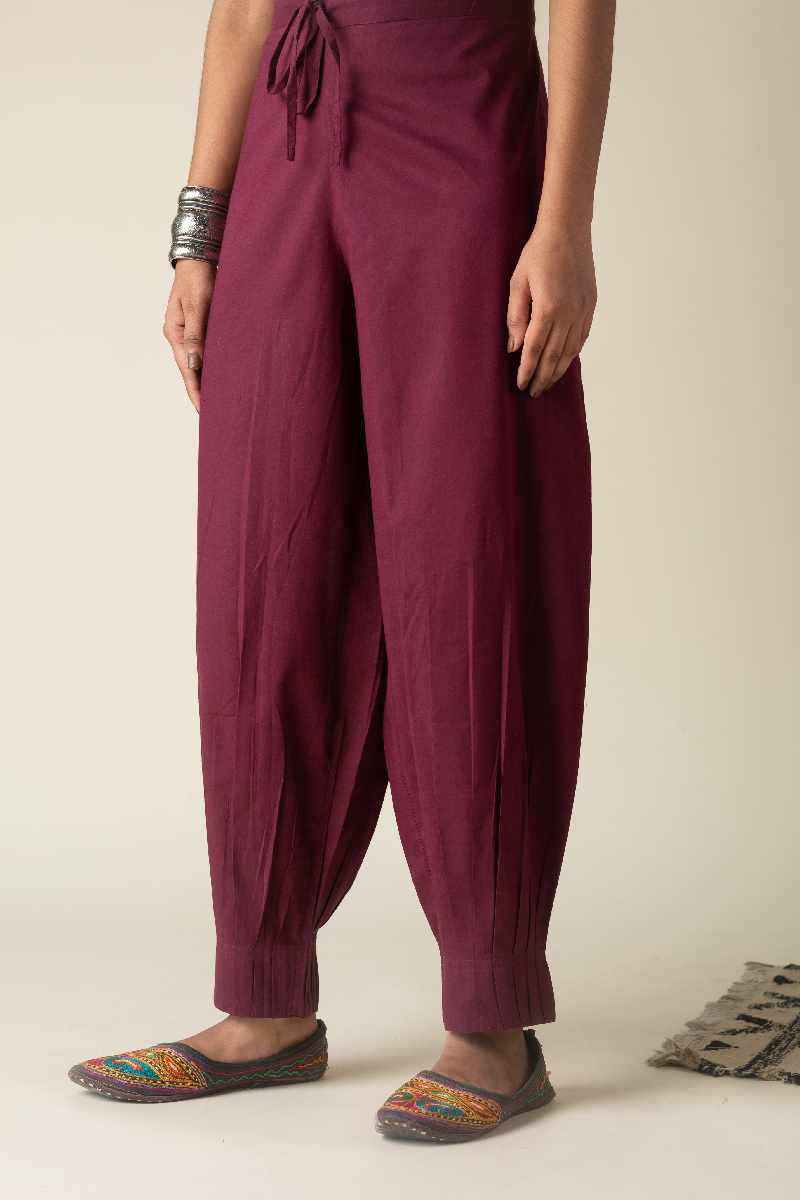 Image for Kusvaa Sap14 Pleated Cotton Salwar Wine Featured Reshoot