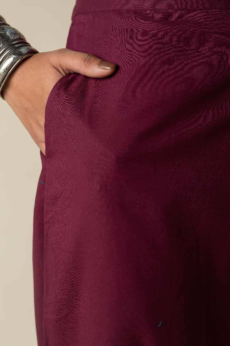 Image for Kusvaa Sap14 Pleated Cotton Salwar Wine Front Reshoot