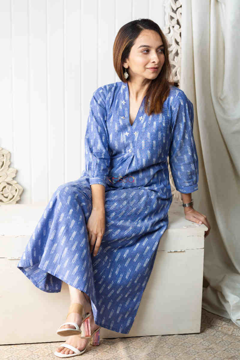 Image for Kusvaa Ws828 Dhanya Handloom Ikkat A Line Dress Sitting