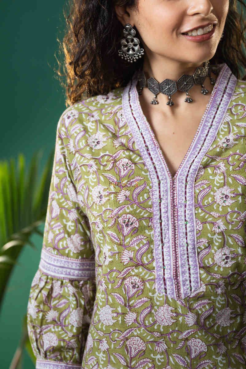 Image for Kusvaa Wsr278 Aparna Block Print Straight Kurta0 Neck