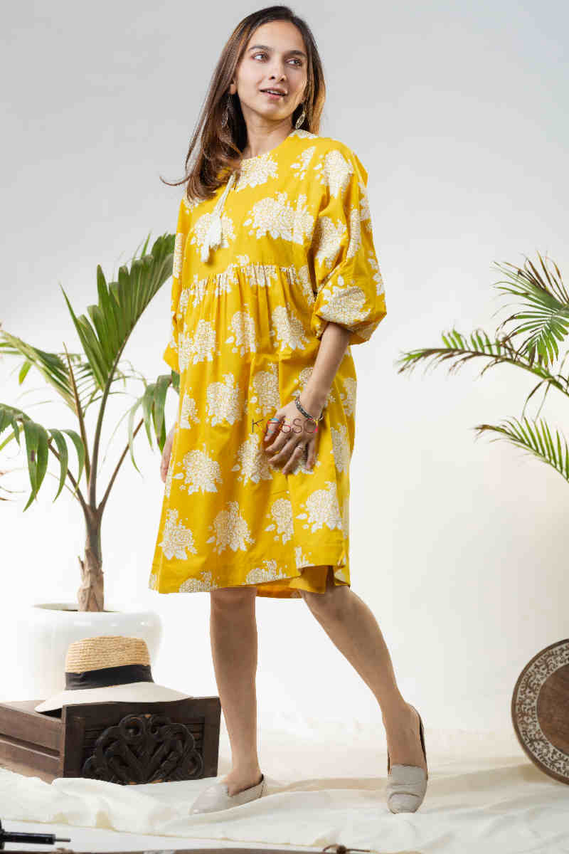 Image for Kusvaa Avdaf122 Melia Yellow Floral Cotton Dress Side