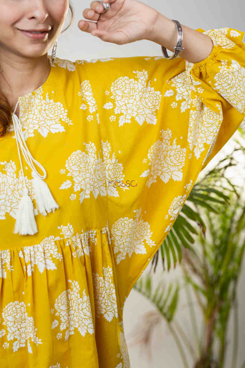 Image for Kusvaa Avdaf122 Melia Yellow Floral Cotton Dress Sleeves