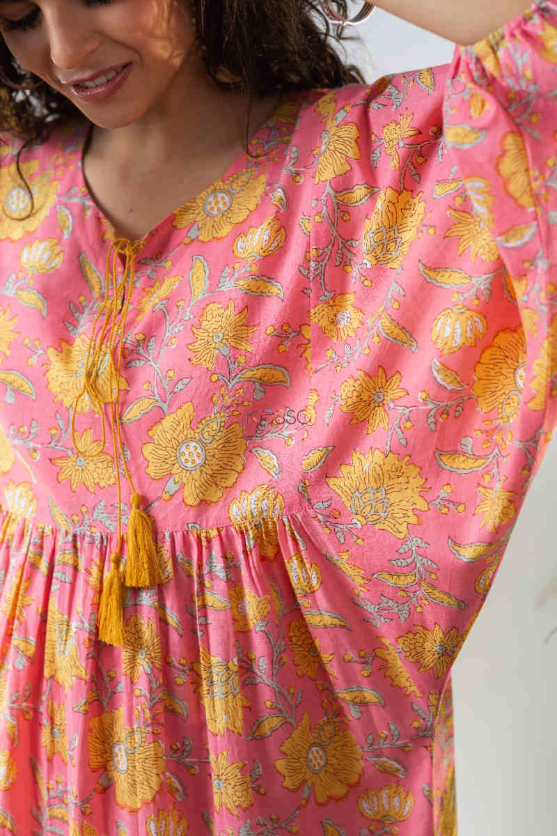 Image for Kusvaa Avdaf123 Katie Flowery Bright Pink Cotton Dress Closeup