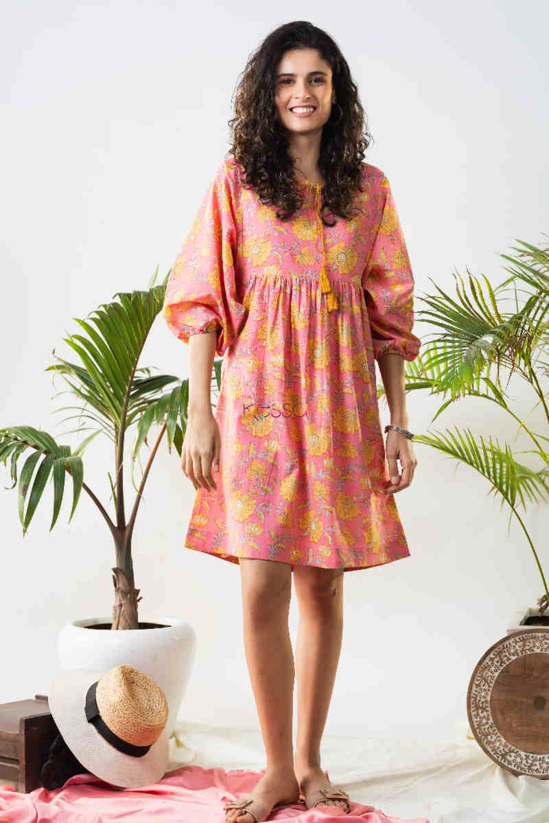 Image for Kusvaa Avdaf123 Katie Flowery Bright Pink Cotton Dress Front