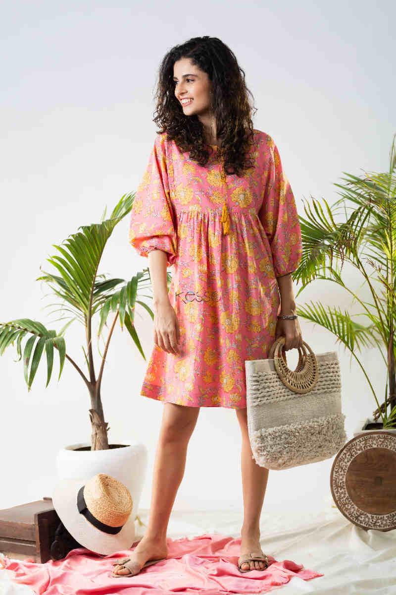 Image for Kusvaa Avdaf123 Katie Flowery Bright Pink Cotton Dress Look 1