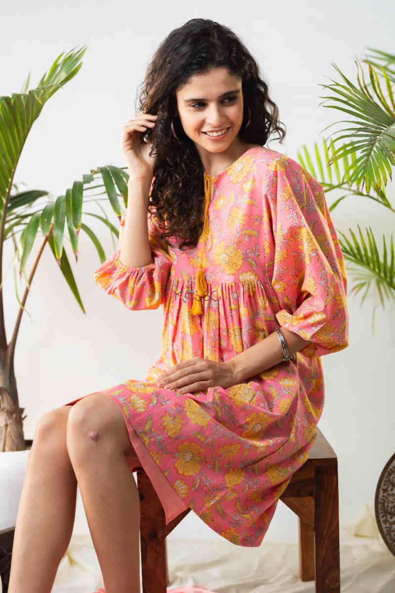 Image for Kusvaa Avdaf123 Katie Flowery Bright Pink Cotton Dress Sitting 1