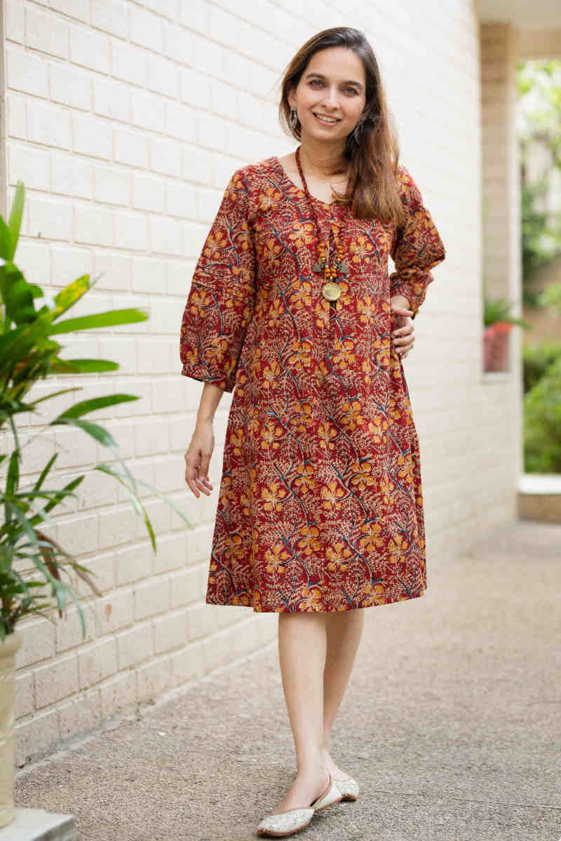 Image for Kusvaa Ws846 Bhavini Kalamkari A Line Dress With Necklace Front