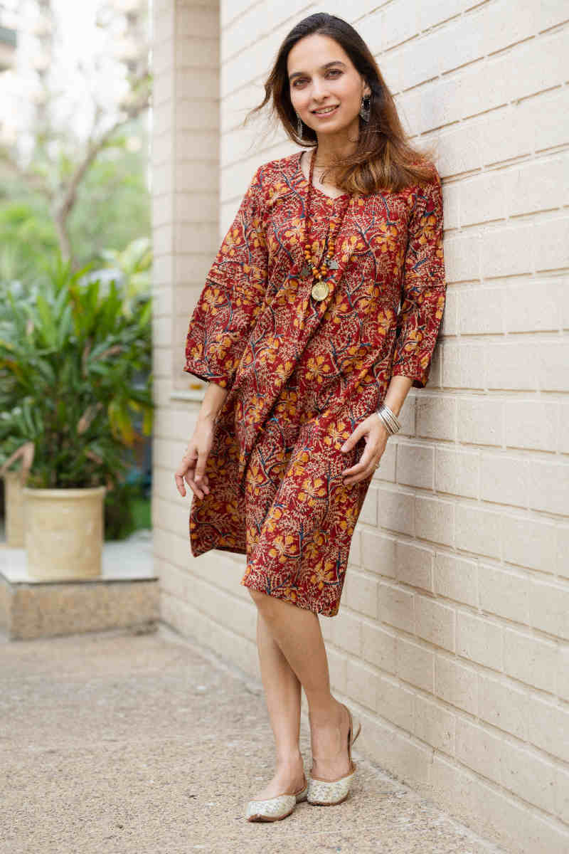 Image for Kusvaa Ws846 Bhavini Kalamkari A Line Dress With Necklace Look 1