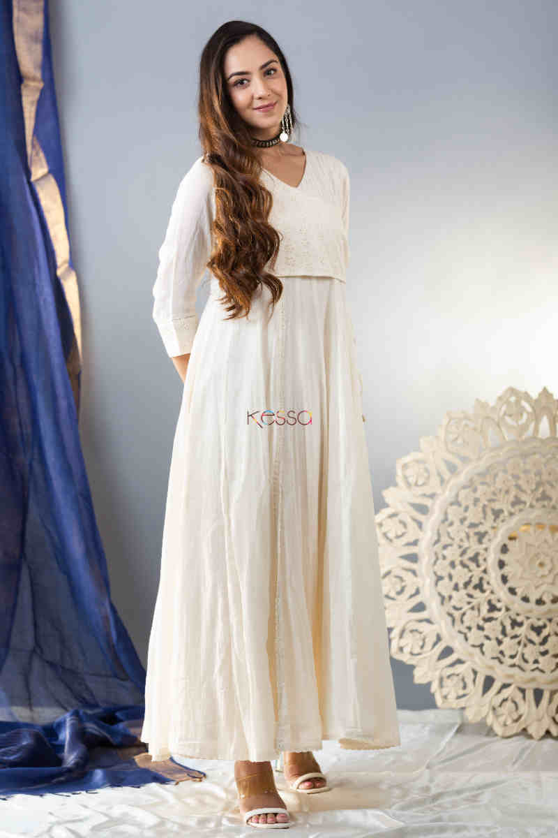 Image for Kusvaa Ws853 Malini Long Cotton Dobby Angrakha Dress Front