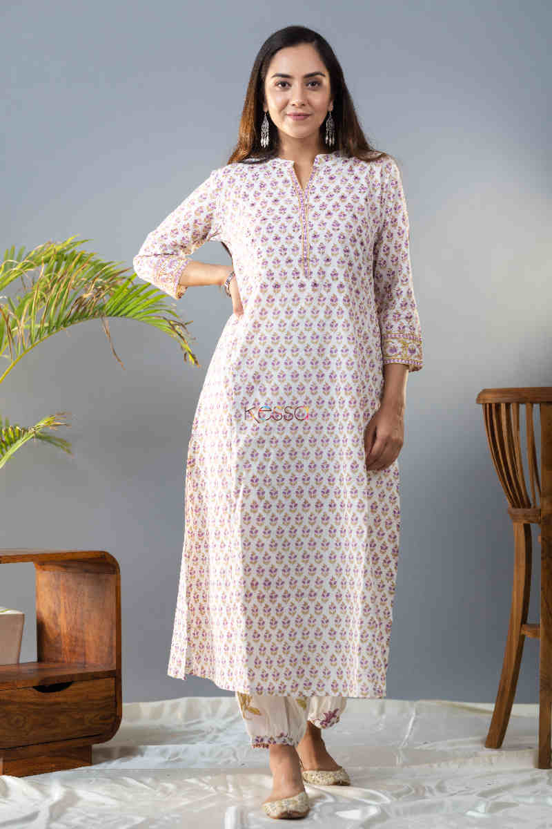 Image for Kusvaa Wsr283 Prabha Handblock Print Kurta Pant Set Front 1