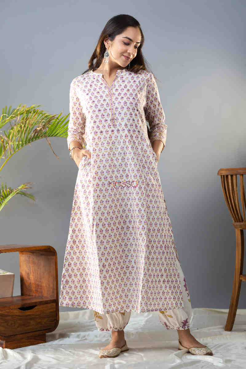 Image for Kusvaa Wsr283 Prabha Handblock Print Kurta Pant Set Look