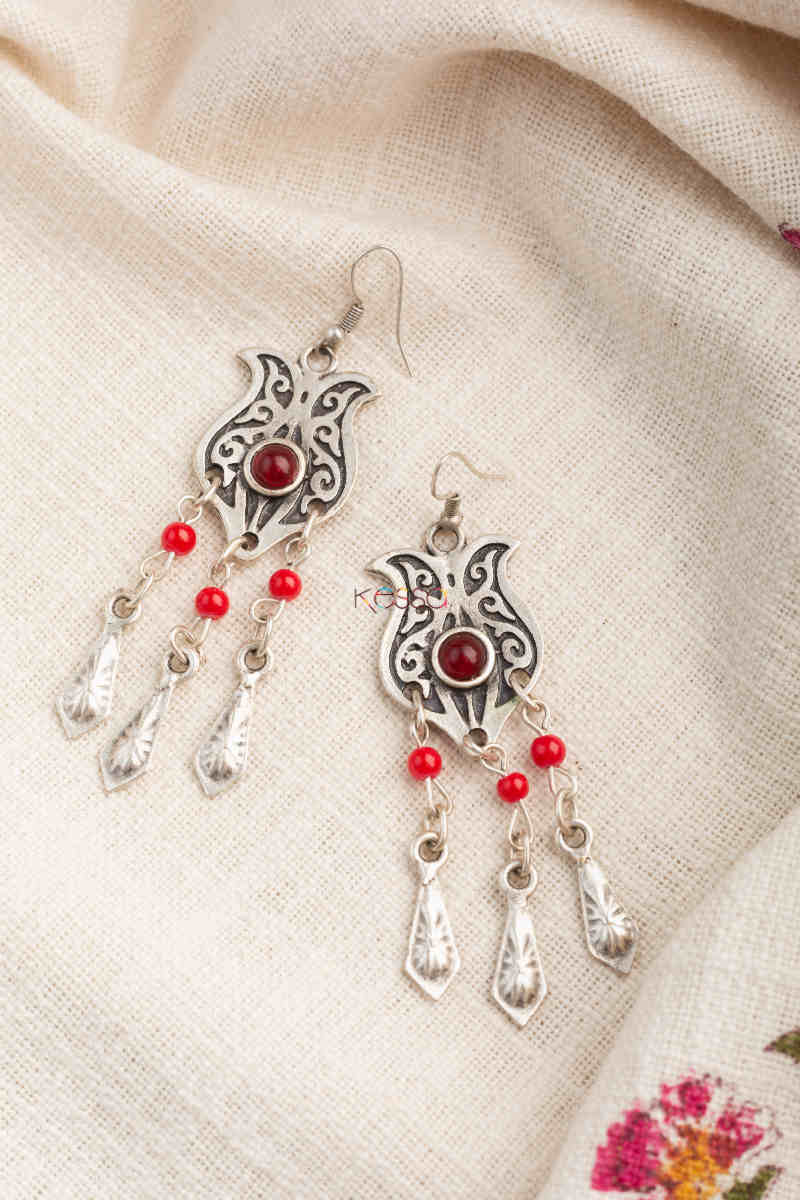 Image for Kusvaa Kpe194 Turkish Tribal Drop Earrings Red