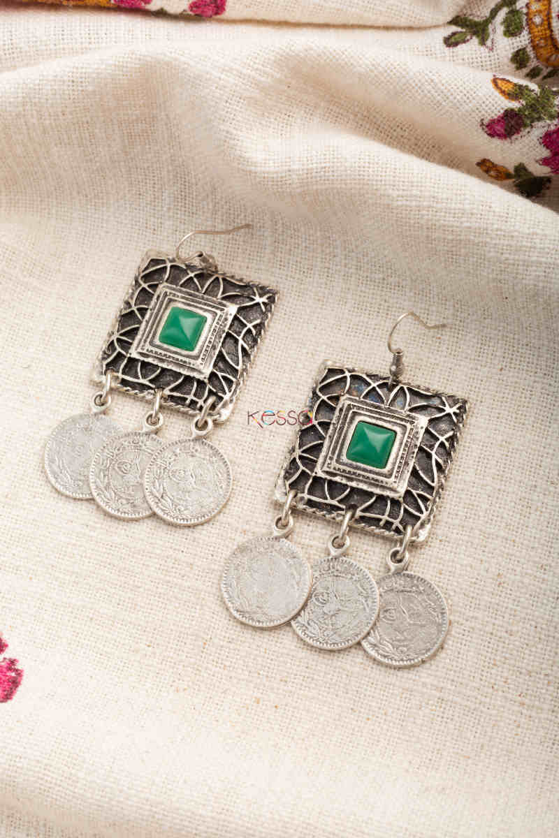Image for Kusvaa Kpe269 Turkish Stone Rectangle Coin Earring Green