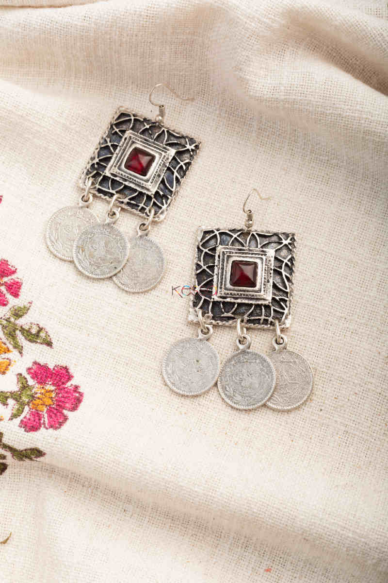 Image for Kusvaa Kpe269 Turkish Stone Rectangle Coin Earring Red
