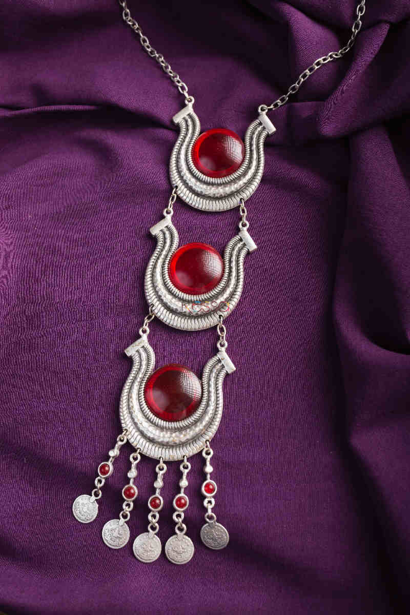 Image for Kusvaa Kpn128 Turkish Multi Color Stone Drop Necklace Red