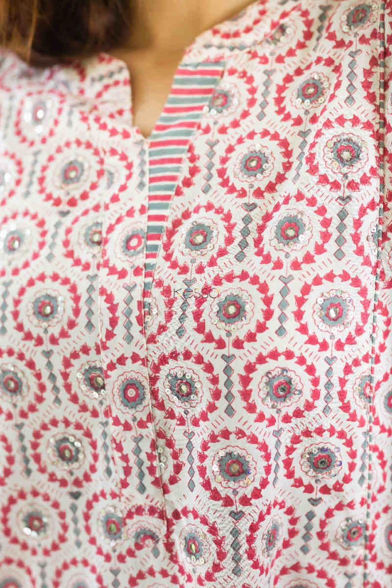 Image for Kusvaa Wsr286 Annavi Block Print Kurta Pant Set 1 Neck