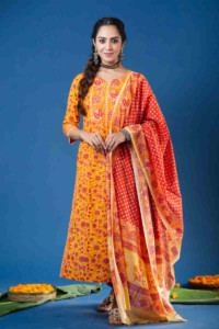 Image for Kusvaa Kuoj178 Braahmi Block Print Kurta With Mulmul Dupatta Featured 2