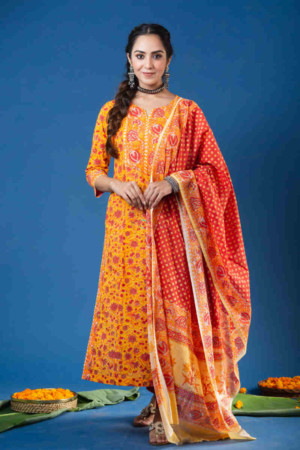 Image for Kusvaa Kuoj178 Braahmi Block Print Kurta With Mulmul Dupatta Featured 2